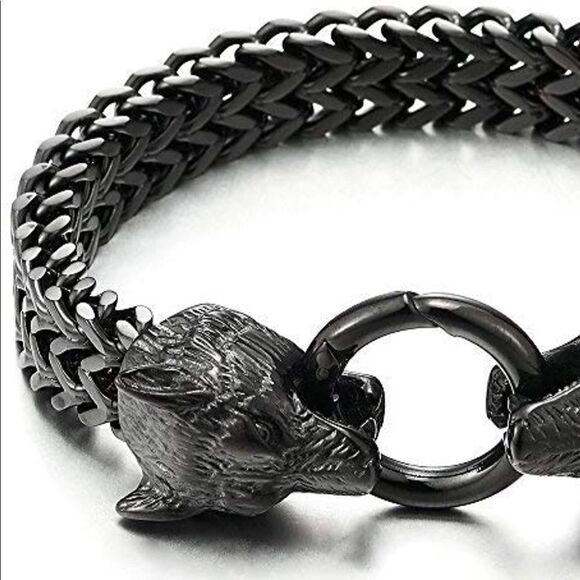 Men’s Black Thick Wolf Head Link Chain Bracelet - Picture 4 of 10